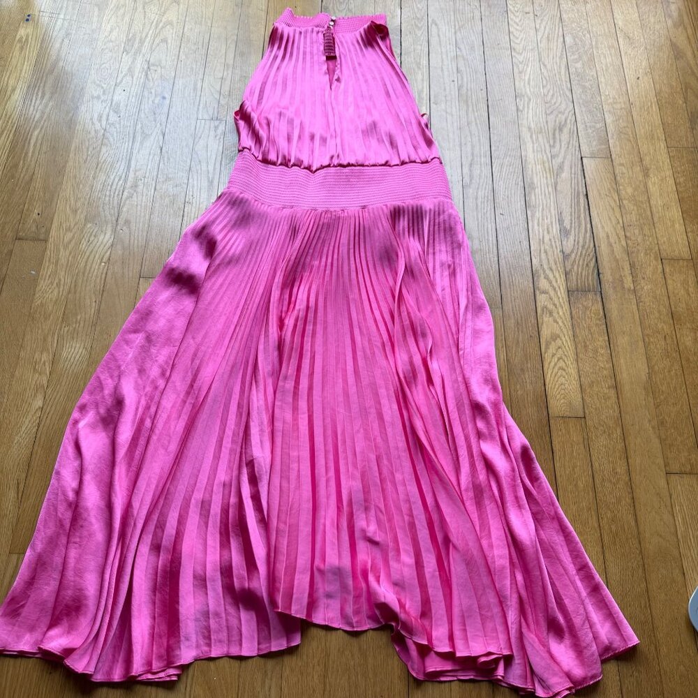 A.L.C. Size 6 Pink Satin Renzo Sleeveless Pleated Smocked Blouson Midi Dress - Picture 16 of 16